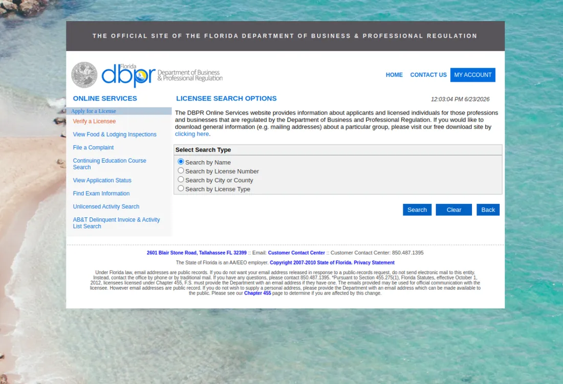 El sitio que consultamos — Florida DBPR Professional License Scraper